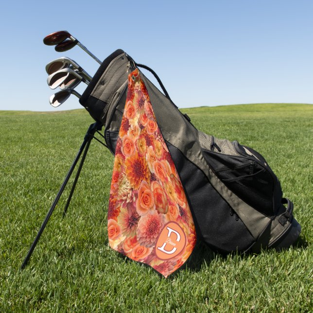 Orange Peach Flowers Monogrammed Floral Golf Towel (Green)