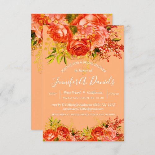 Orange Peach Gold Foil Roses Bridal Shower Invitation