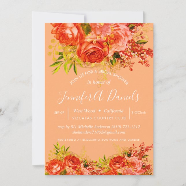 Orange Peach Gold Foil Roses Bridal Shower Invitation (Front)