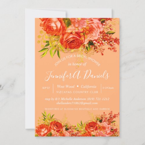 Orange Peach Gold Foil Roses Bridal Shower Invitation