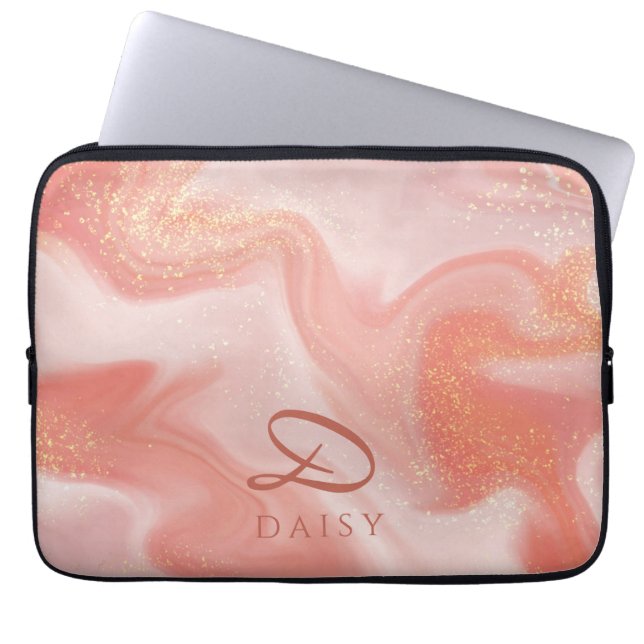 Orange Peach Gold Glitter Marble Customizable Laptop Sleeve (Front)