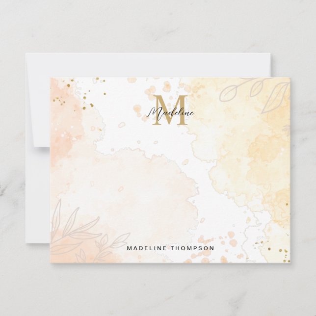 Orange Peach Gold Watercolor Splash Monogram Note Card (Front)