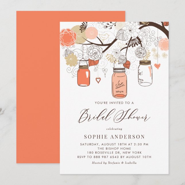 Orange Peach Mason Jars Bridal Shower Invitation (Front/Back)