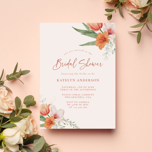 Orange Peach Pink Coral Floral Bridal Shower Invitation