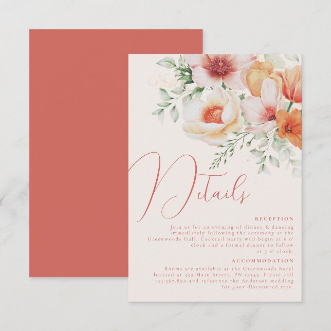Orange Peach Spring Summer Floral Wedding Details Enclosure Card (Front/Back)