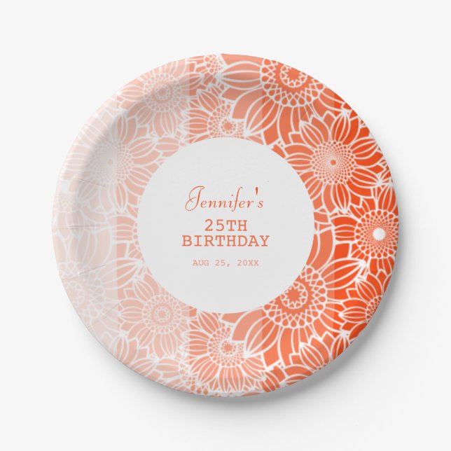 Orange Peach Stripes Floral Birthday  Paper Plates (Front)