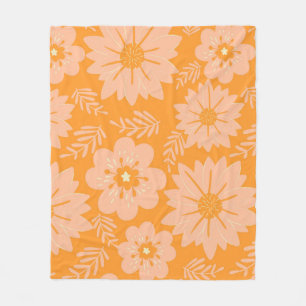 Orange Peach Tropical Floral Botanical Summer Fleece Blanket