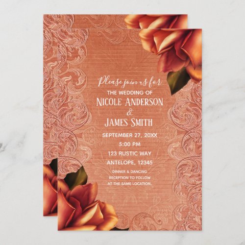 Orange Peach Vintage Antique Rose Elegant Wedding Invitation