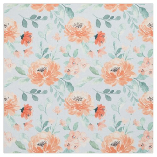 Orange Peach Watercolor Floral Green Leaves Blue Fabric