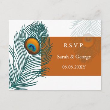 orange peacock wedding  rsvp invitation postcard