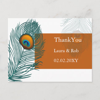 orange peacock wedding Thank You Postcard