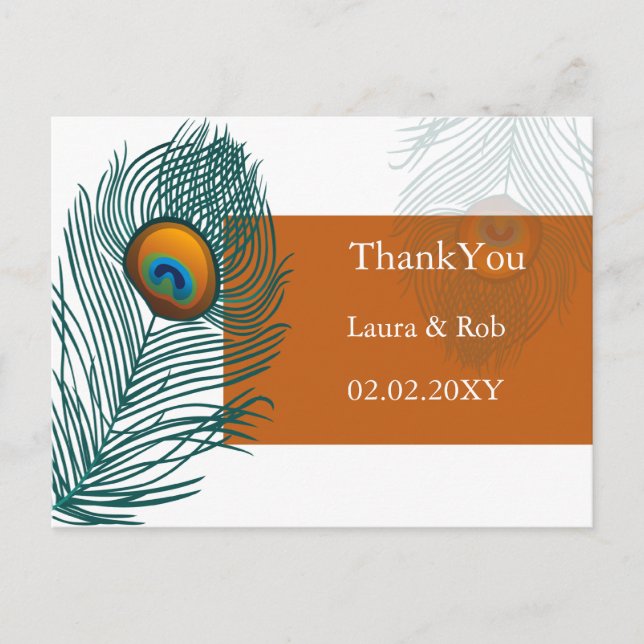 orange peacock wedding Thank You Postcard (Front)