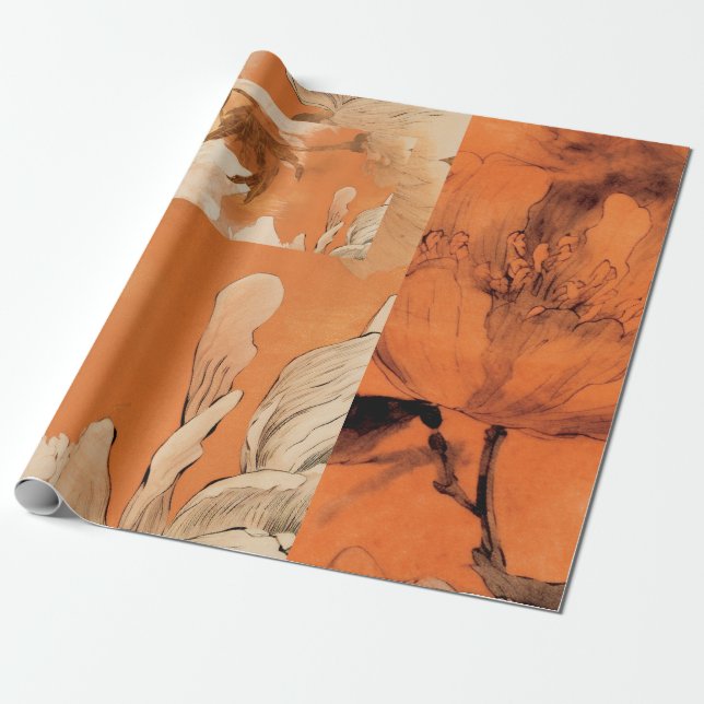 Orange Peonies Decoupage Collage Wrapping Paper (Unrolled)
