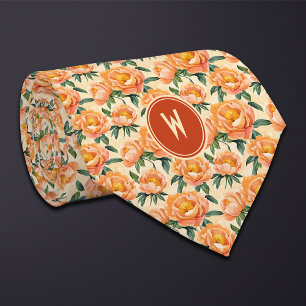 Orange Peonies Floral Neck Tie