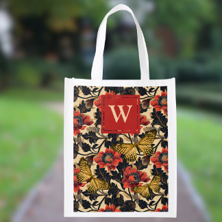 Orange Peonies Gold Butterflies Vintage Initial Grocery Bag