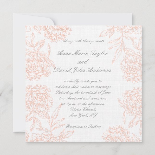 Orange Peonies Vintage Wedding Invitation (Front)