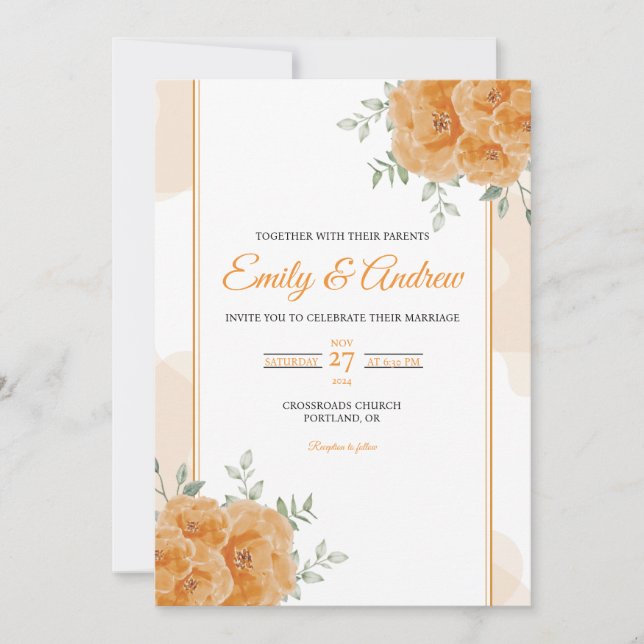 Orange Peony Elegant Floral Watercolor Wedding Invitation (Front)