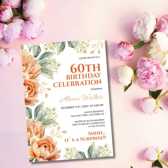 Orange Peony Floral Gold Leaf Surprise Birthday  Invitation (Creator Uploaded)