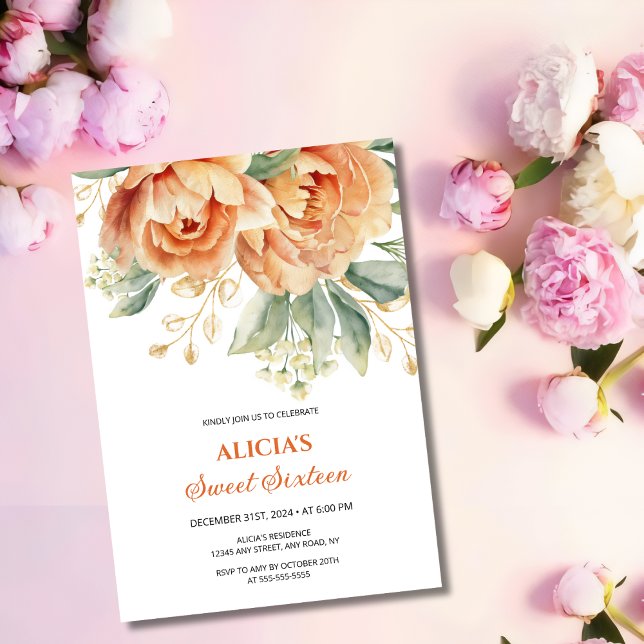 Orange Peony Gold Leaf Greenery 16th Birthday  Invitation (Creator Uploaded)