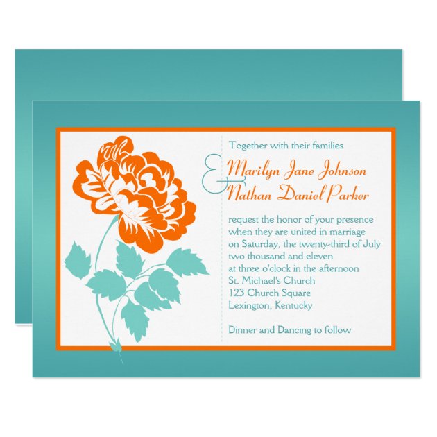 Orange Peony On Turquoise Wedding Invite