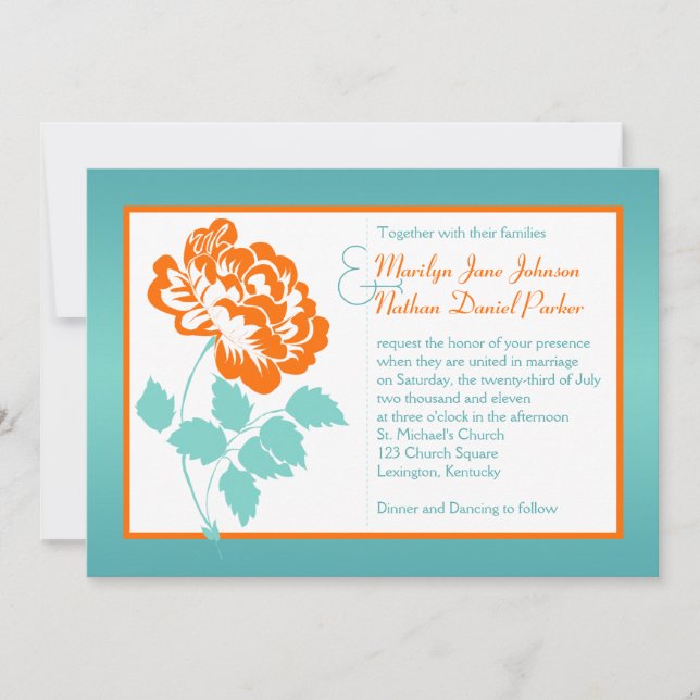 Orange Peony on Turquoise Wedding Invite (Front)