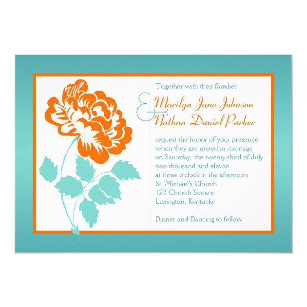 Orange Peony On Turquoise Wedding Invite