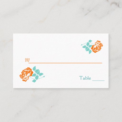 Customizable Orange Peony on White with Turquoise Placecards Business Card Template