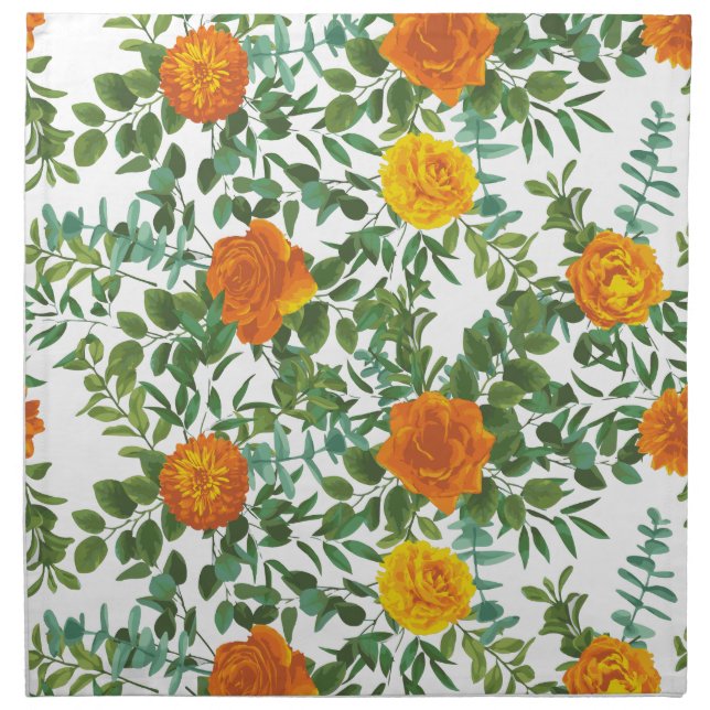 Orange Peony & Rose Floral Wedding Cloth Napkin (Front)