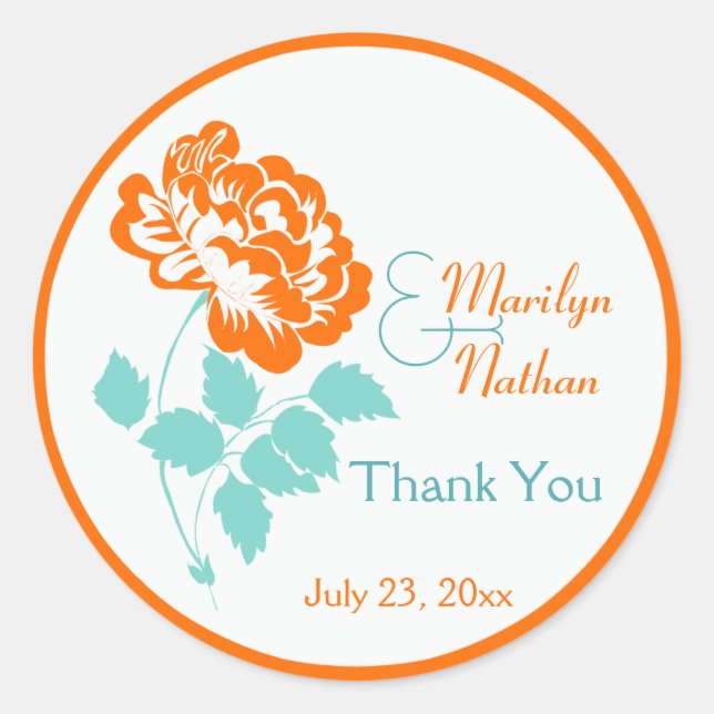Orange Peony with Turquoise and White1.5" Sticker (Front)