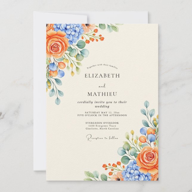 Orange Periwinkle Vivid Floral Wedding Invitation (Front)