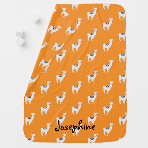 Orange Personalized Cute Llama Illustration Baby Blanket