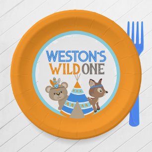Orange Personalized Wild One Woodland Birthday Paper Plates