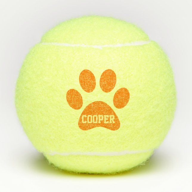 Orange Pet Paw Print Personalized Name Toy Tennis Balls (Front)