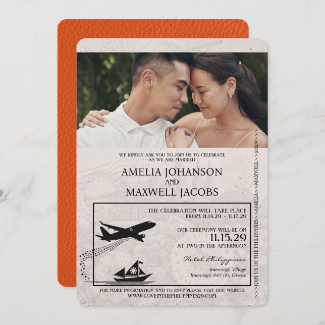 Orange Philippines Passport Wedding Invitation (Front/Back)