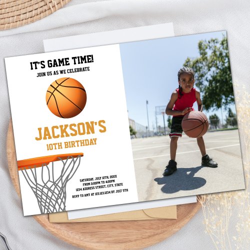 Orange Photo Basketball Ball Birthday Invitations