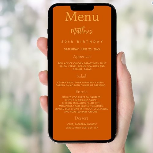 Orange photo fun facts birthday menu card