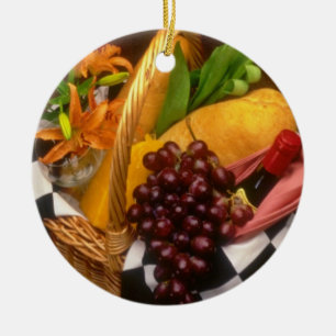 Orange Picnic basket with wine, cheese, bread and Ceramic Ornament