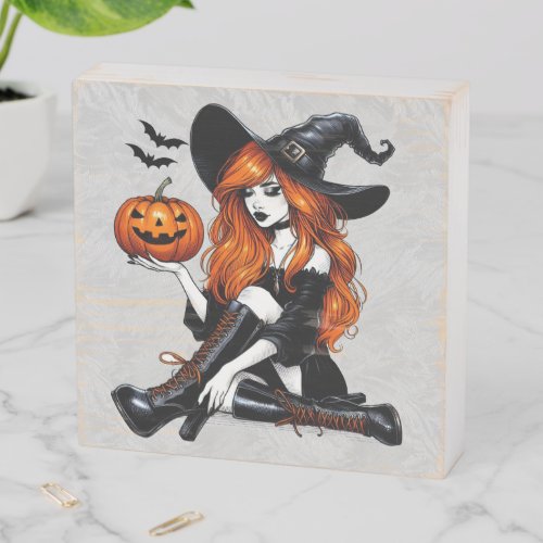 Orange Pin Up Witch Wooden Box Sign