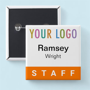 Orange Pinback Staff Badge Event Logo Square Name Button