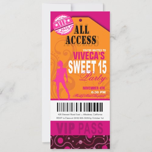 Orange Pink and Fuschia VIP Sweet 15 Ticket Invitation