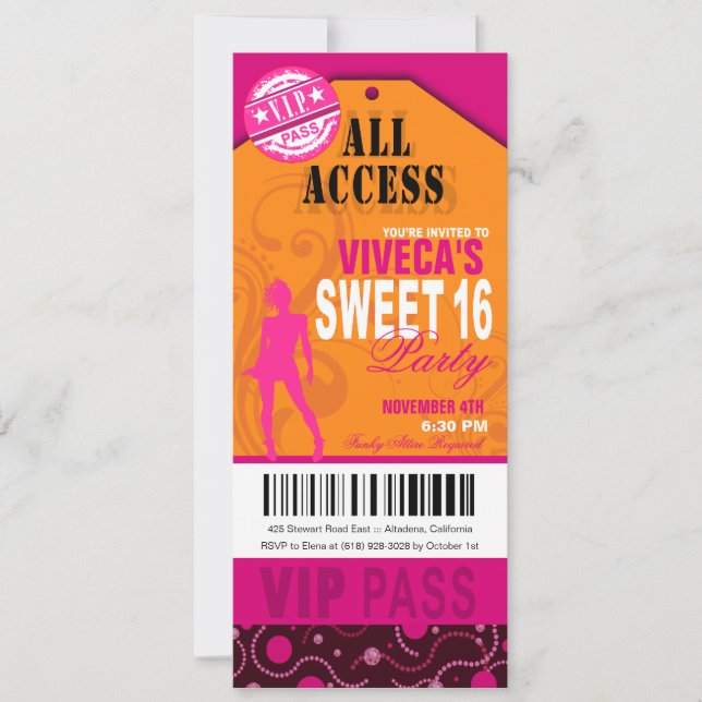 Orange, Pink and Fuschia VIP Sweet 16 Ticket Invitation (Front)