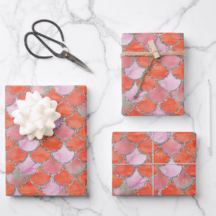 Orange, Pink and Silver Mermaid Scales Wrapping Paper Sheets