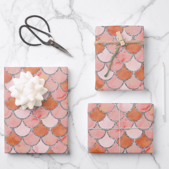 Orange, Pink and Silver Mermaid Scales  Wrapping Paper Sheets (Front)