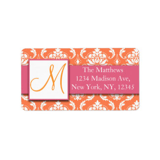 Orange Pink and White Damask Address Labels