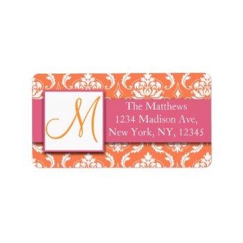 Orange Pink And White Damask Address Labels by monogramgallery at Zazzle