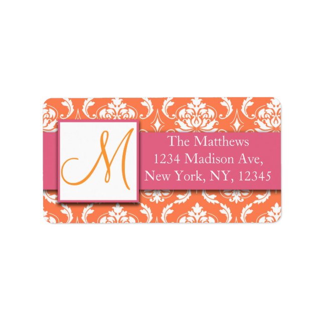 Orange Pink and White Damask Address Labels (Front)