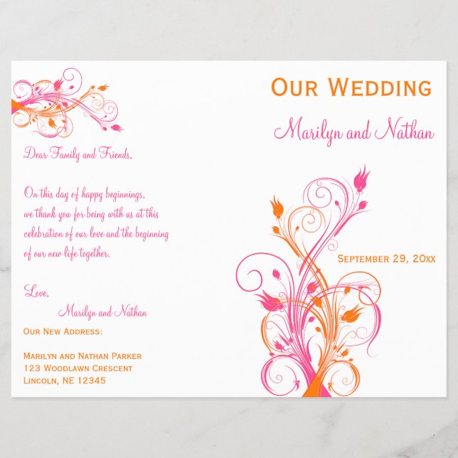 Orange, Pink, and White Floral Wedding Program (Front)