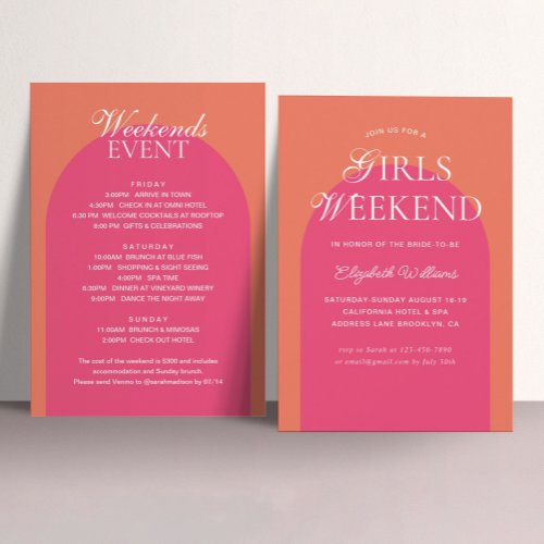Orange Pink Arch Girls Weekend Bachelorette Party Invitation
