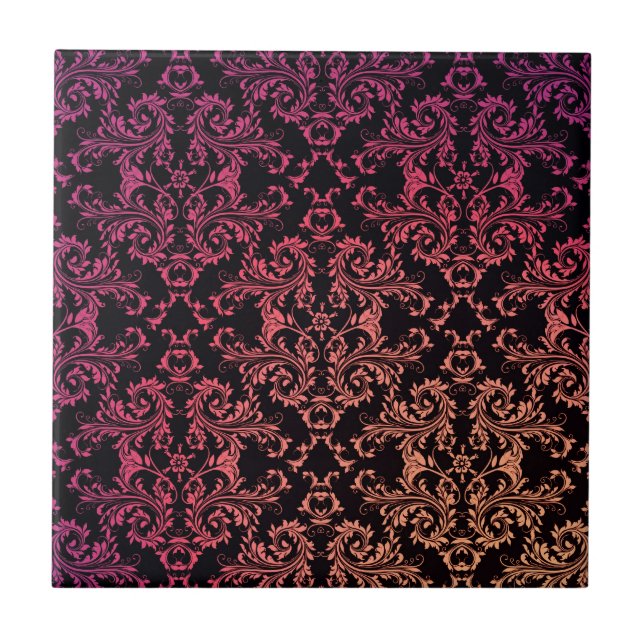 Orange Pink Black Damask Pattern Tile (Front)