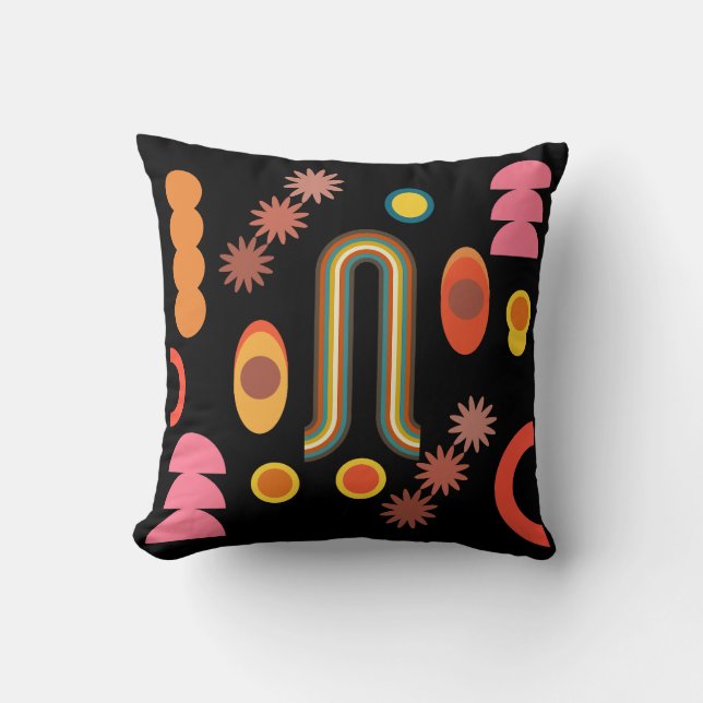 Orange - Pink  Black Mid-Century Mod Geometric 60s Throw Pillow (Front)
